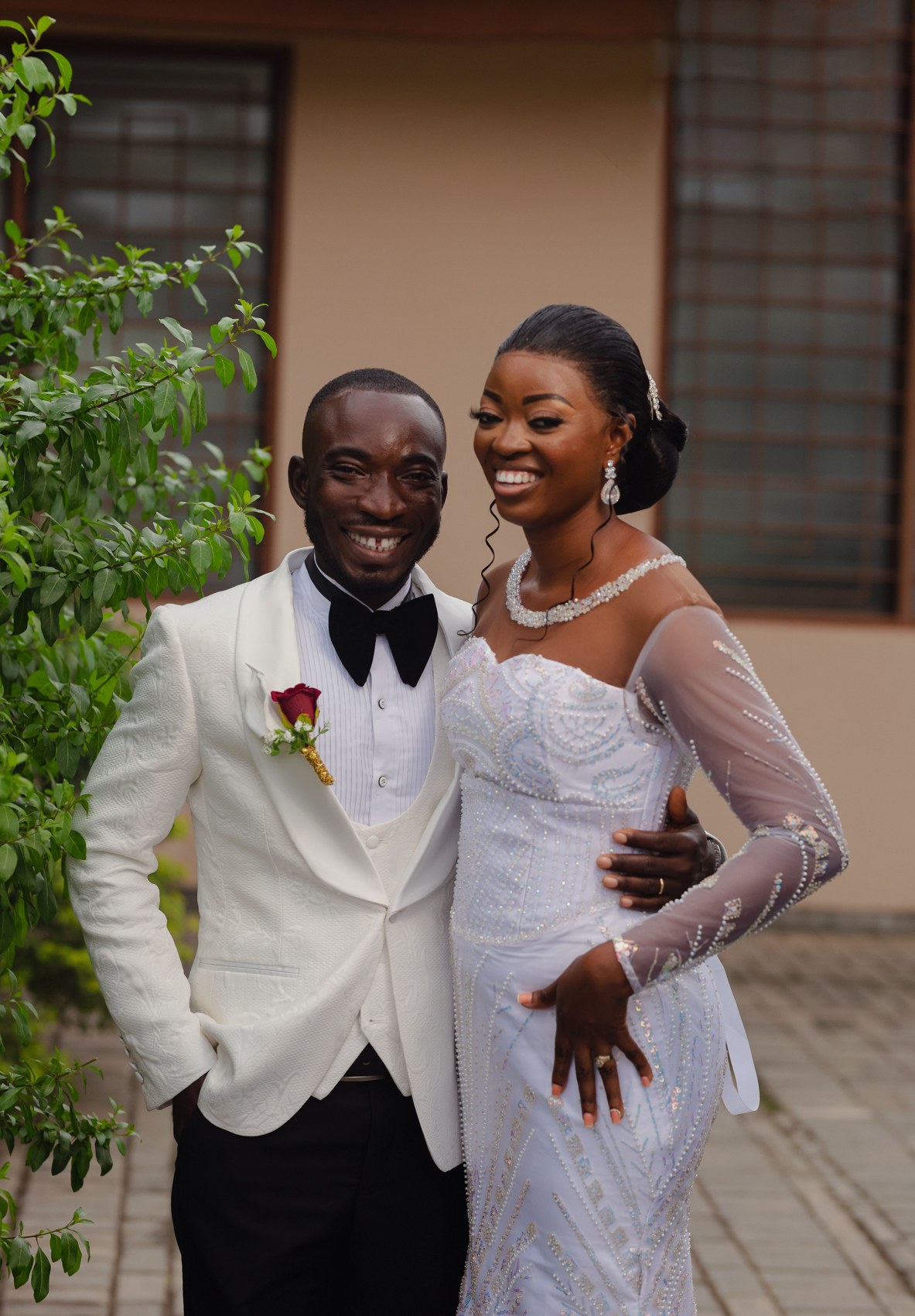 A quiet moment between a bride and groom